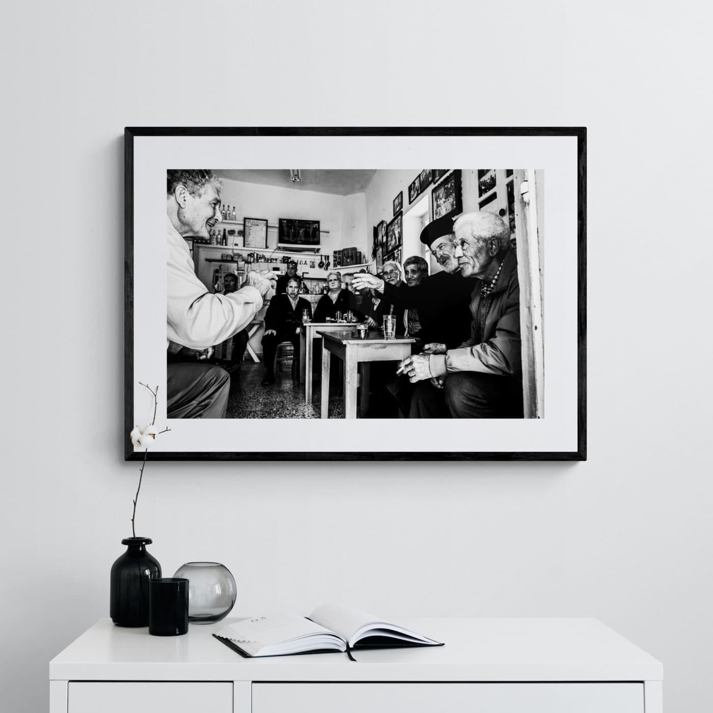 Black and White Photography Wall Art Greece | Cafe in Olympos Karpathos Dodecanese by George Tatakis - single framed photo