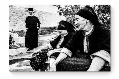 Black and White Photography Wall Art Greece | Two women in their traditional costumes the priest Olympos Karpathos Dodecanese by George Tatakis - whole photo