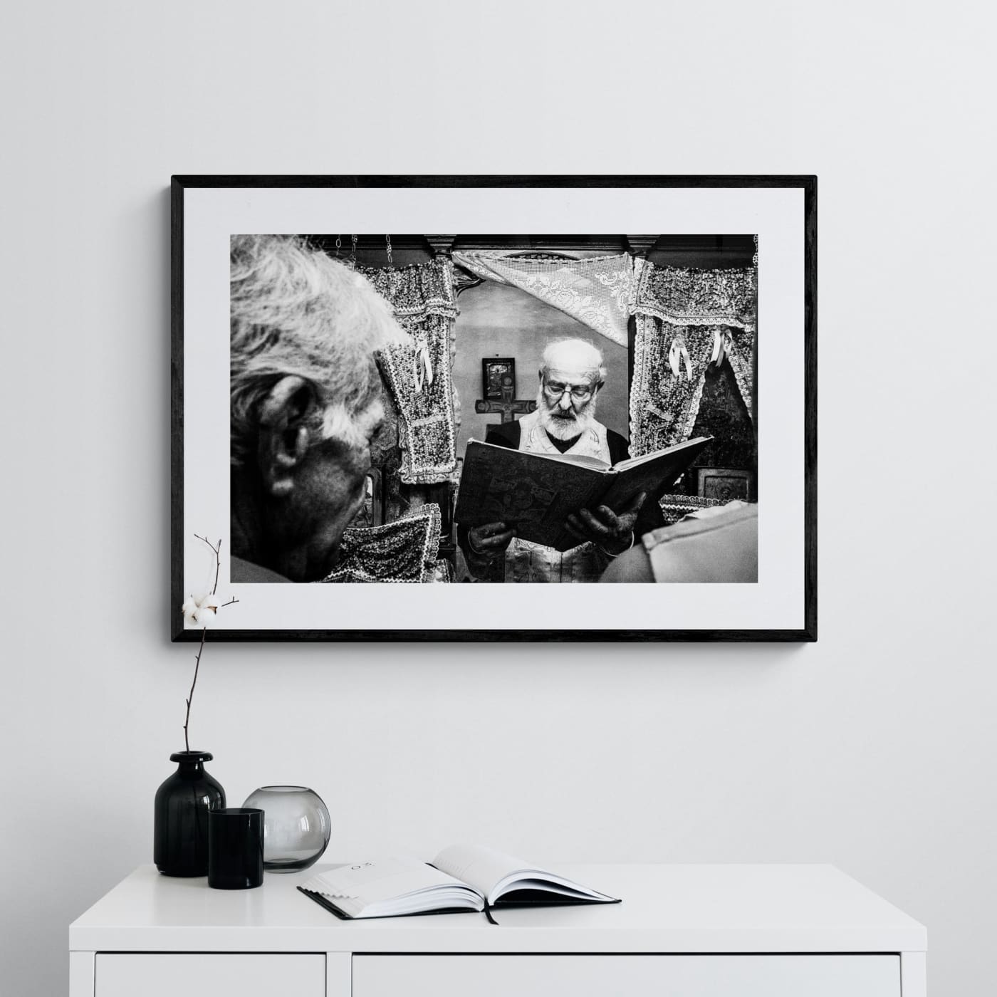 Black and White Photography Wall Art Greece | Priest reading the Gospel Olympos Karpathos Dodecanese by George Tatakis - single framed photo