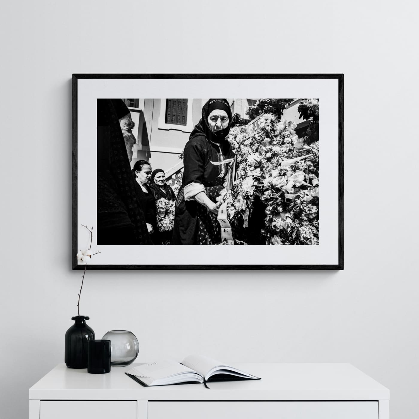 Black and White Photography Wall Art Greece | Woman preparing the Epitaph in her traditional costume Olympos Karpathos Dodecanese by George Tatakis - single framed photo