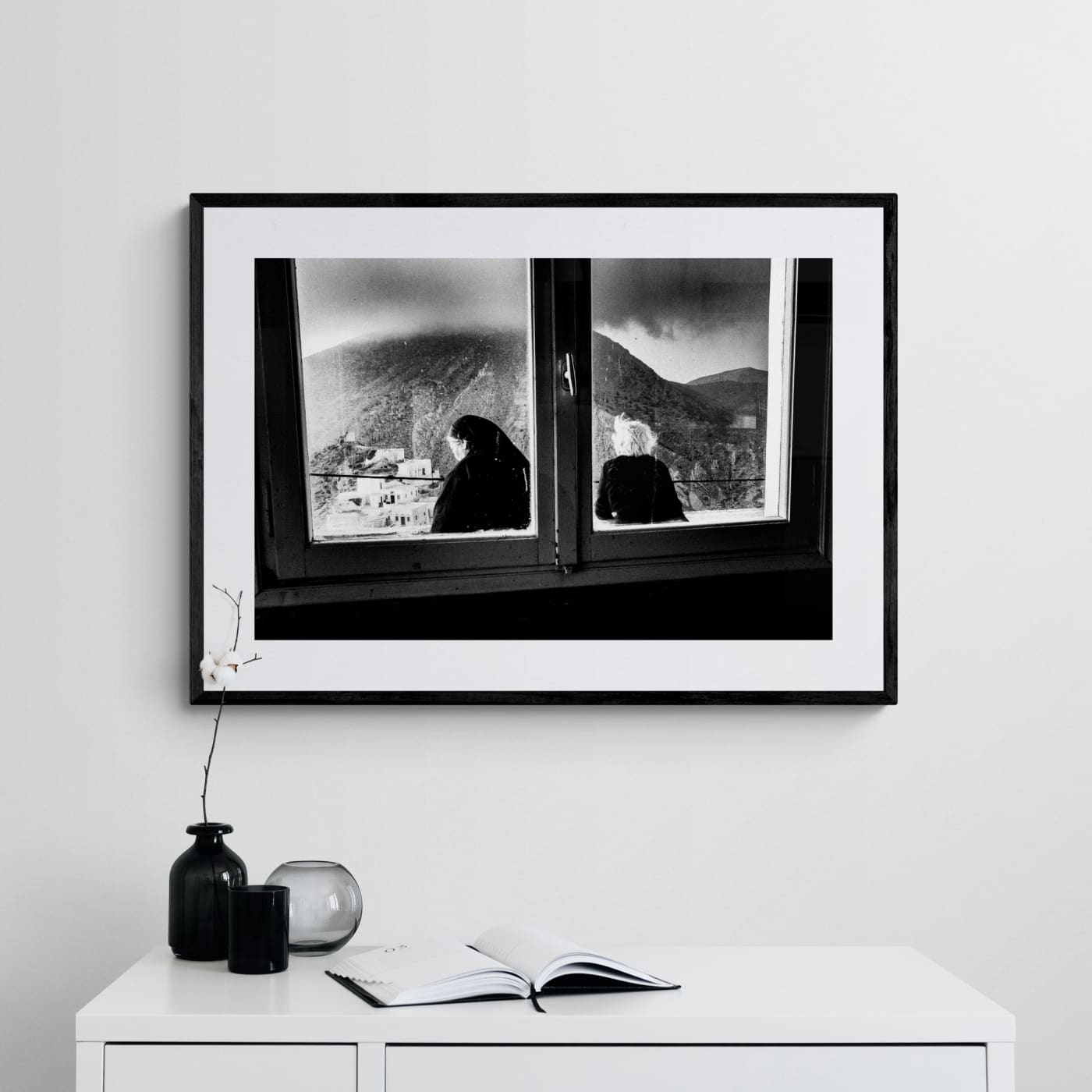 Black and White Photography Wall Art Greece | Two women in Olympos Karpathos Dodecanese by George Tatakis - single framed photo
