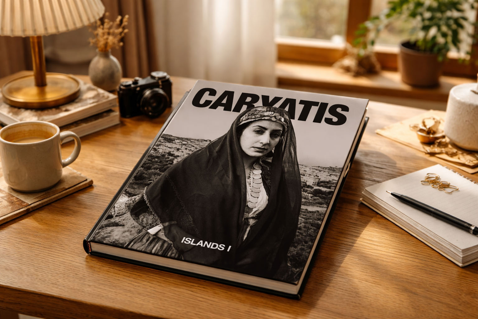 Caryatis Islands I photography book on wooden desk, black and white Greek portrait photobook by George Tatakis