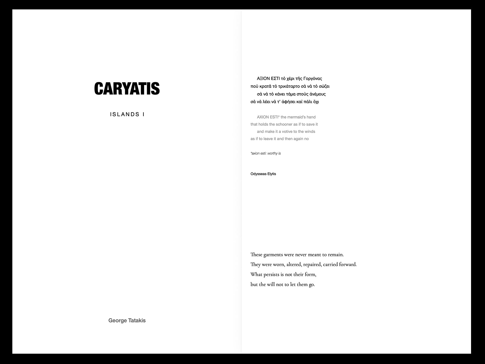 Black and white photobook title spread with Caryatis Islands I by George Tatakis and poetic text in Greek and English