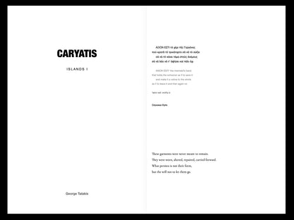 Black and white photobook title spread with Caryatis Islands I by George Tatakis and poetic text in Greek and English