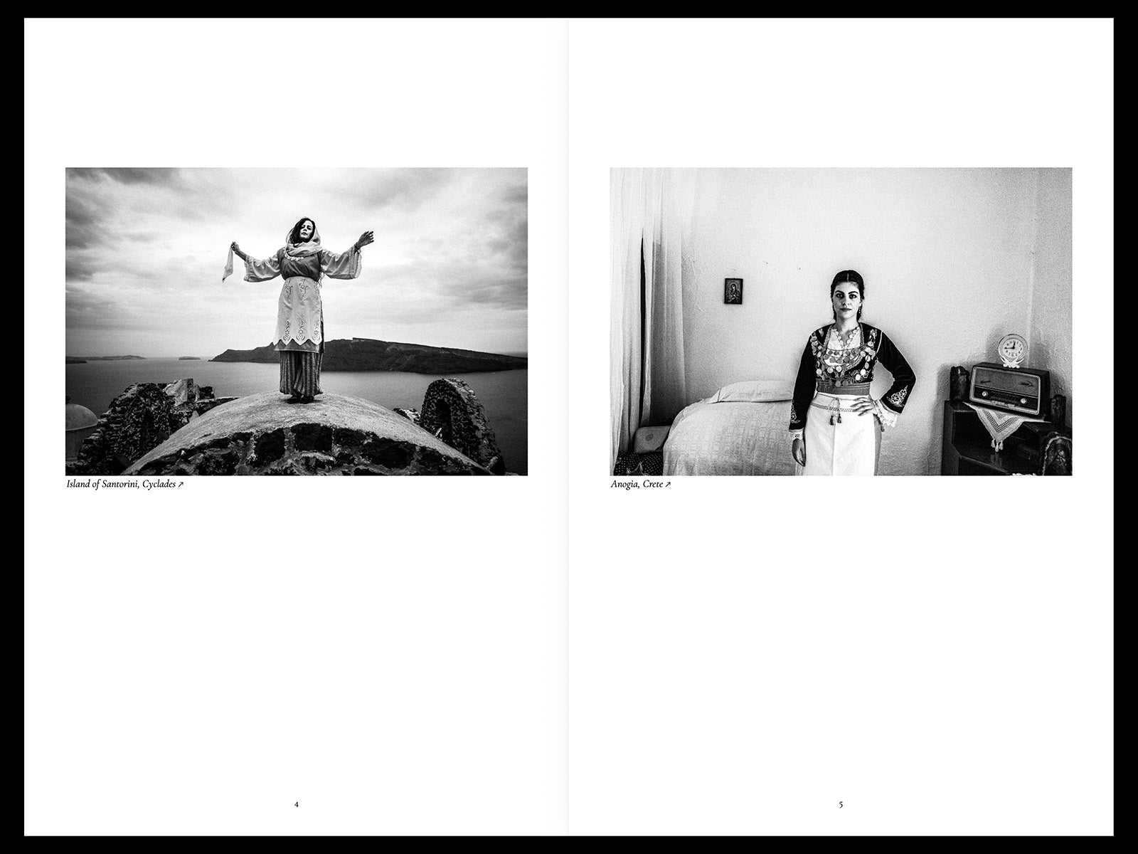 Black and white photobook spread with traditional Greek women in Santorini landscape and Cretan interior portrait