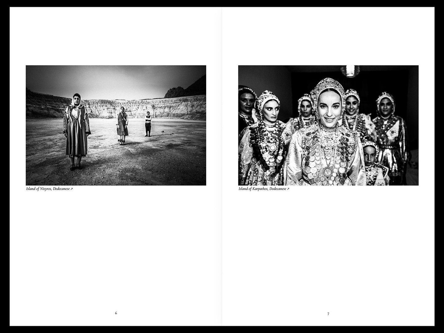 Black and white photobook spread with traditional Greek women in Nisyros landscape and Karpathos ceremonial portrait