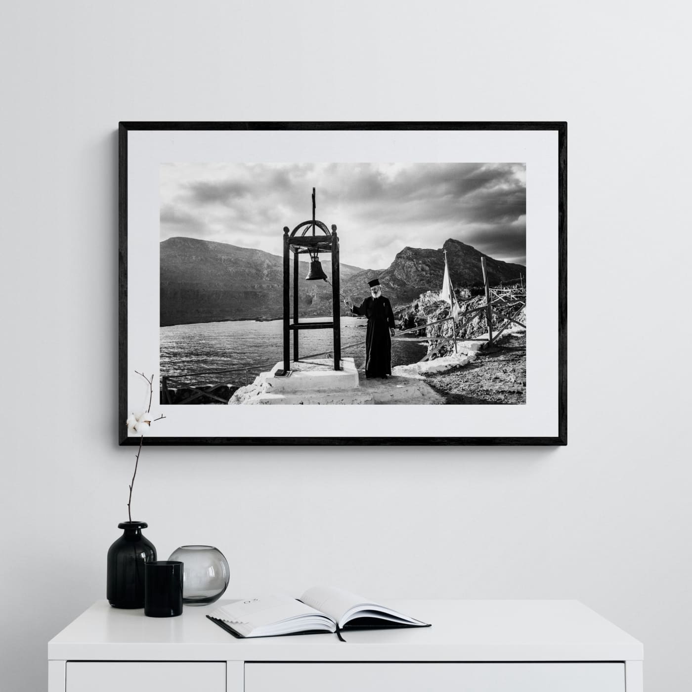 Black and White Photography Wall Art Greece | Priest striking the bell at St. John celebration in Vrykounta Olympos Karpathos Dodecanese by George Tatakis - single framed photo