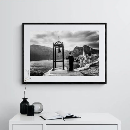 Black and White Photography Wall Art Greece | Priest striking the bell at St. John celebration in Vrykounta Olympos Karpathos Dodecanese by George Tatakis - single framed photo