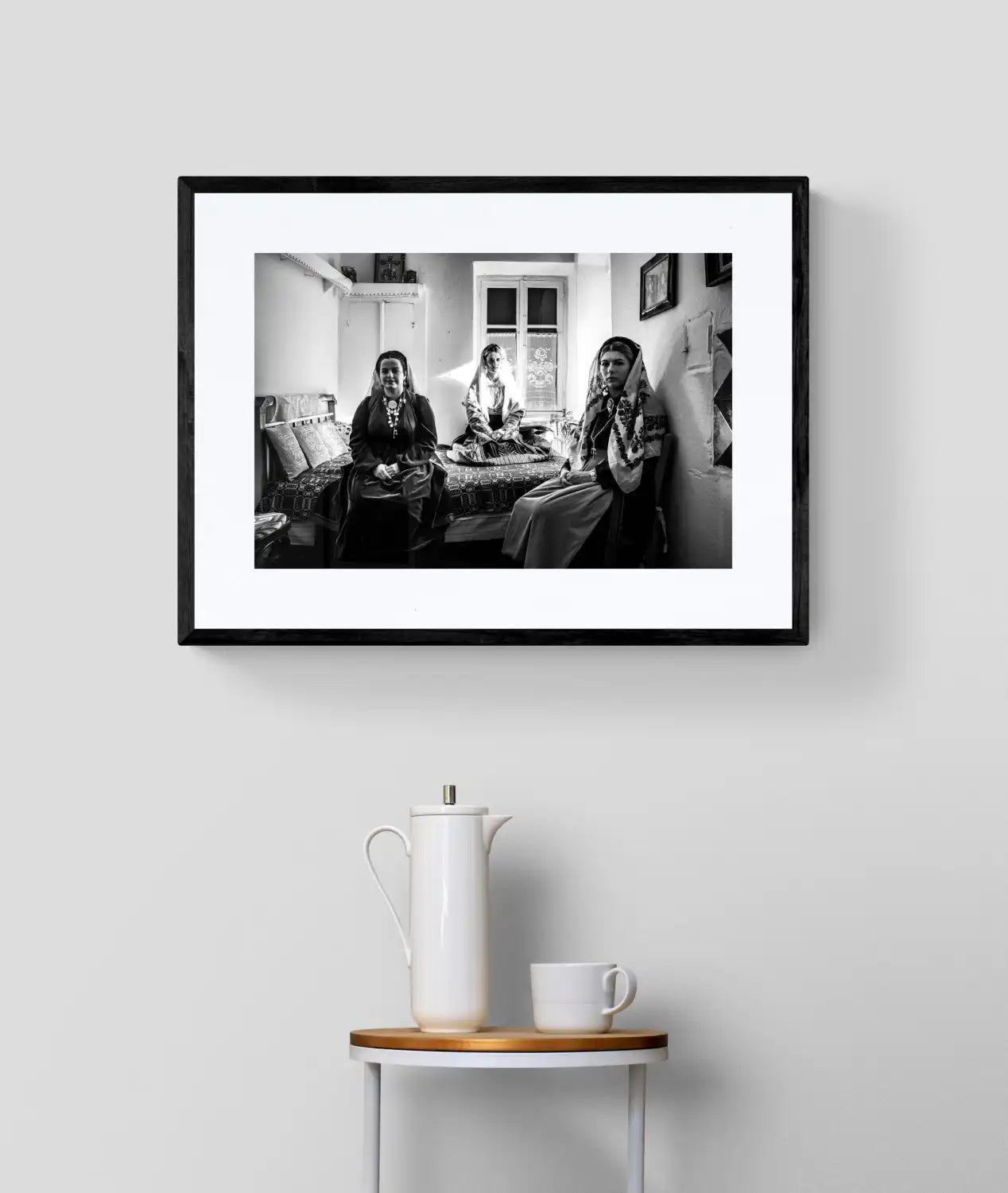 Black and White Photography Wall Art Greece | Costumes of Platanos in a traditional local bedroom Nafpaktos Aetoloacarnanea Greece by George Tatakis - single framed photo