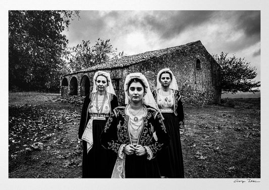 Black and White Photography Wall Art Greece | Costumes of northern Corfu island in front a traditional house Ionian Sea by George Tatakis