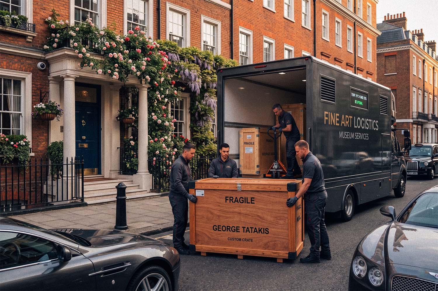 Men loading a large wooden crate contain artworks by George Tatakis from a Fine Art Logistics truck in front of a building.