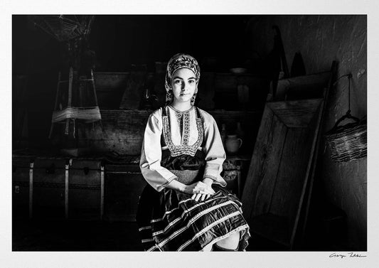 Black and White Photography Wall Art Greece | The traditional costume of Emponas in a local house Rhodes by George Tatakis