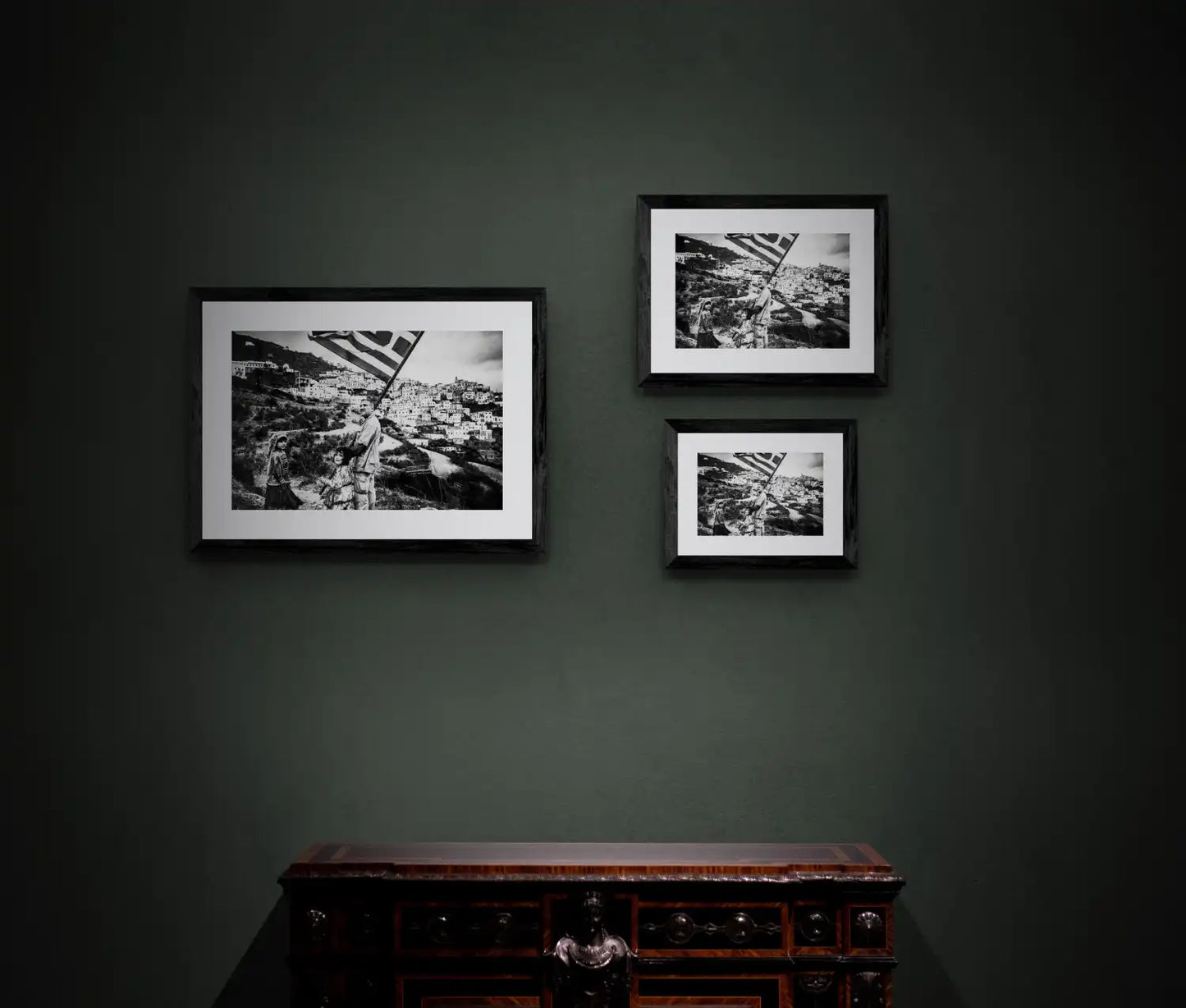 Black and White Photography Wall Art Greece | Carrying the Greek flag in Olympos Karpathos Dodecanese by George Tatakis - framing options