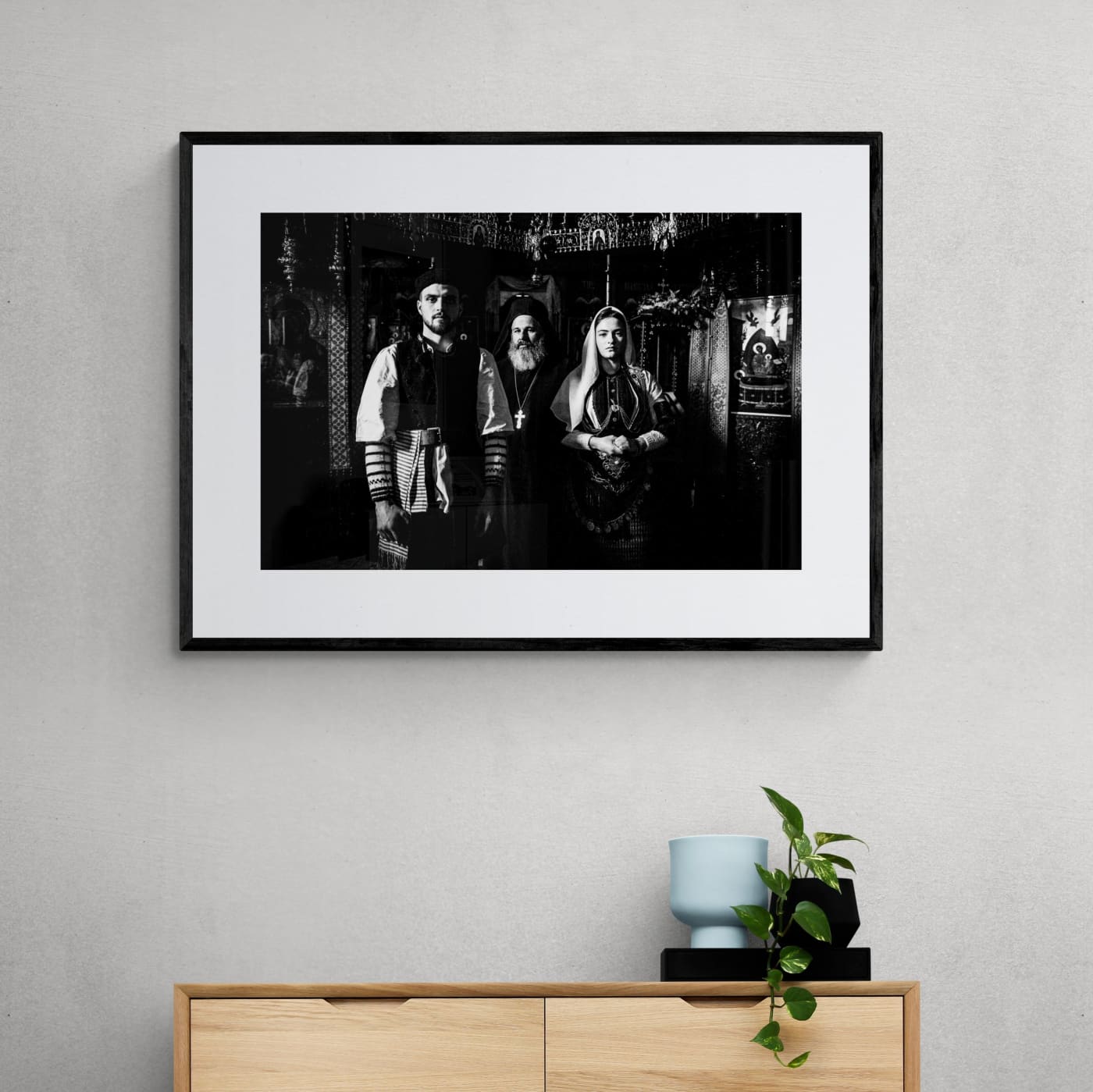 Black and White Photography Wall Art Greece | Costumes of Kladorachi with a local priest Florina W. Macedonia by George tatakis - single framed photo