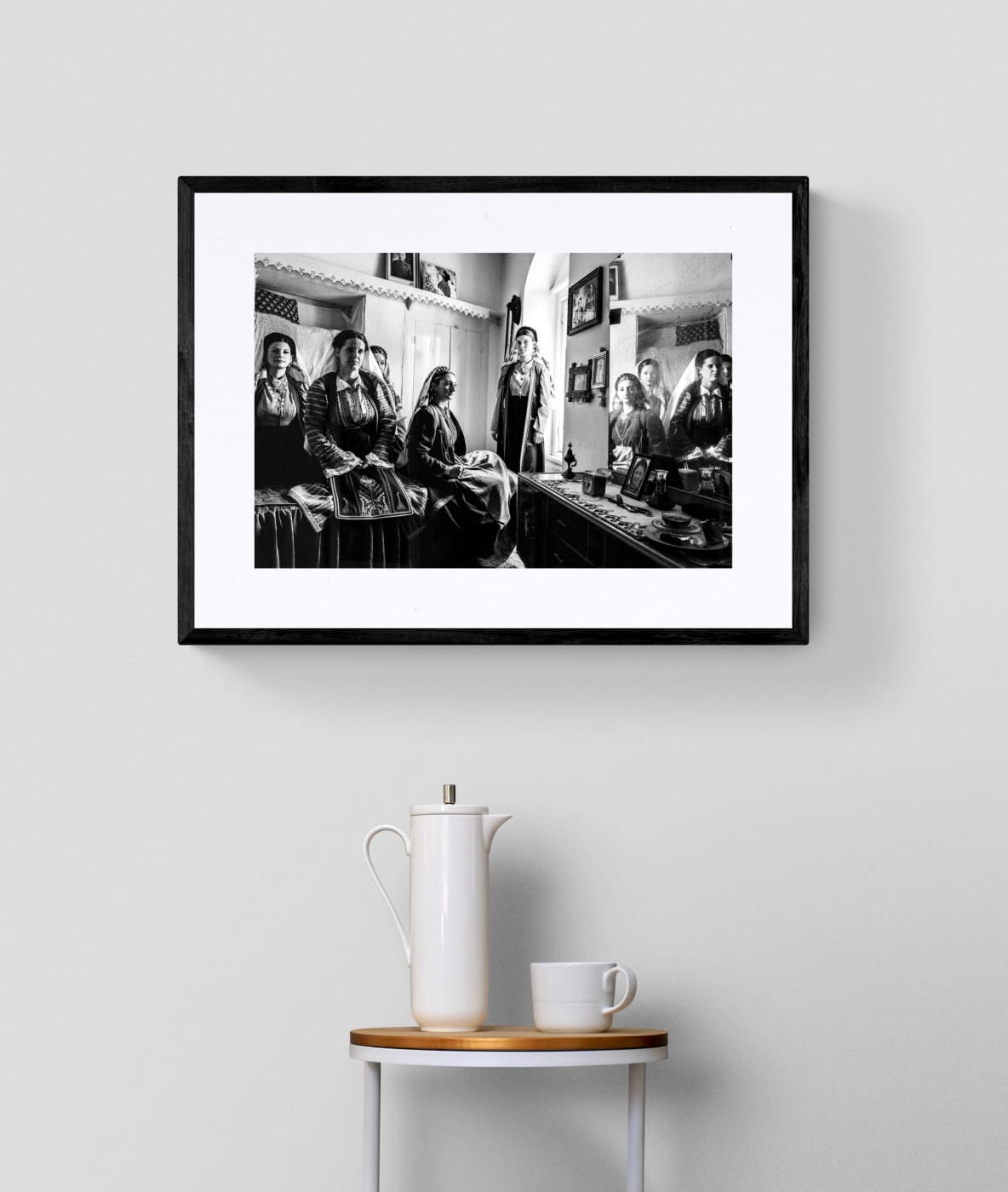 Black and White Photography Wall Art Greece | Costumes of Platanos in a traditional local bedroom Nafpaktos Aetoloacarnanea Greece by George Tatakis - single framed photo