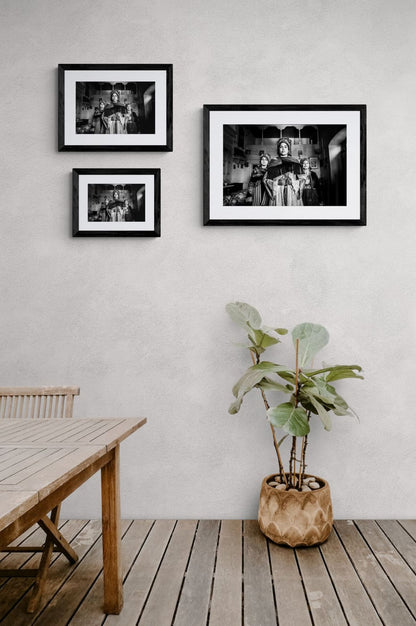 Black and White Photography Wall Art Greece | Three ladies in the traditional costumes of Symi island inside a house Dodecanese Greece by George Tatakis - framing options