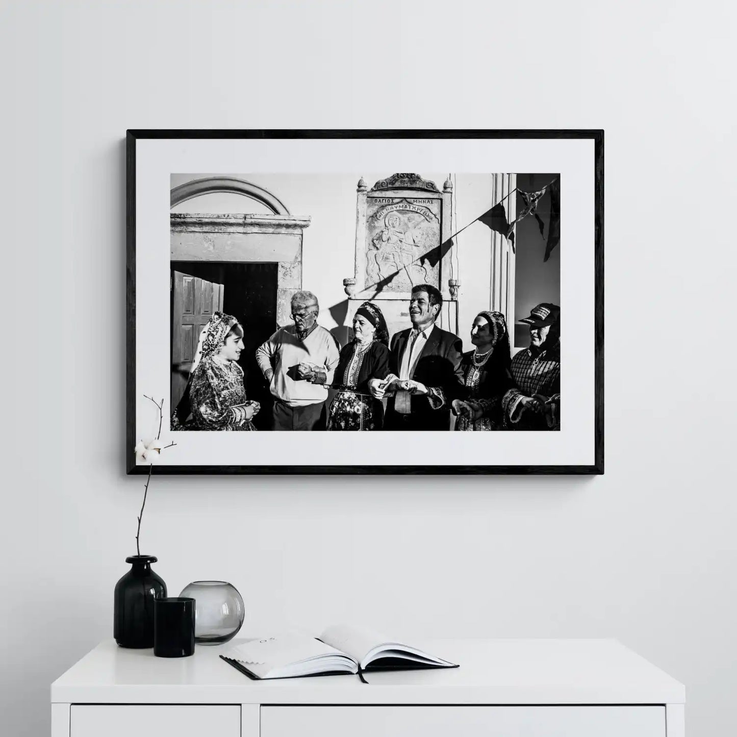 Black and White Photography Wall Art Greece | Dancing Pano Choros during a celebration at Saint Minas Olympos Karpathos Dodecanese by George Tatakis - single framed photo