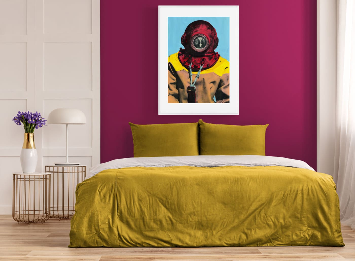 Painting Pop Art Wall Art from Greece | Baby blue & red sponge diver from Kalymnos island, by George Tatakis - inside a pop bedroom