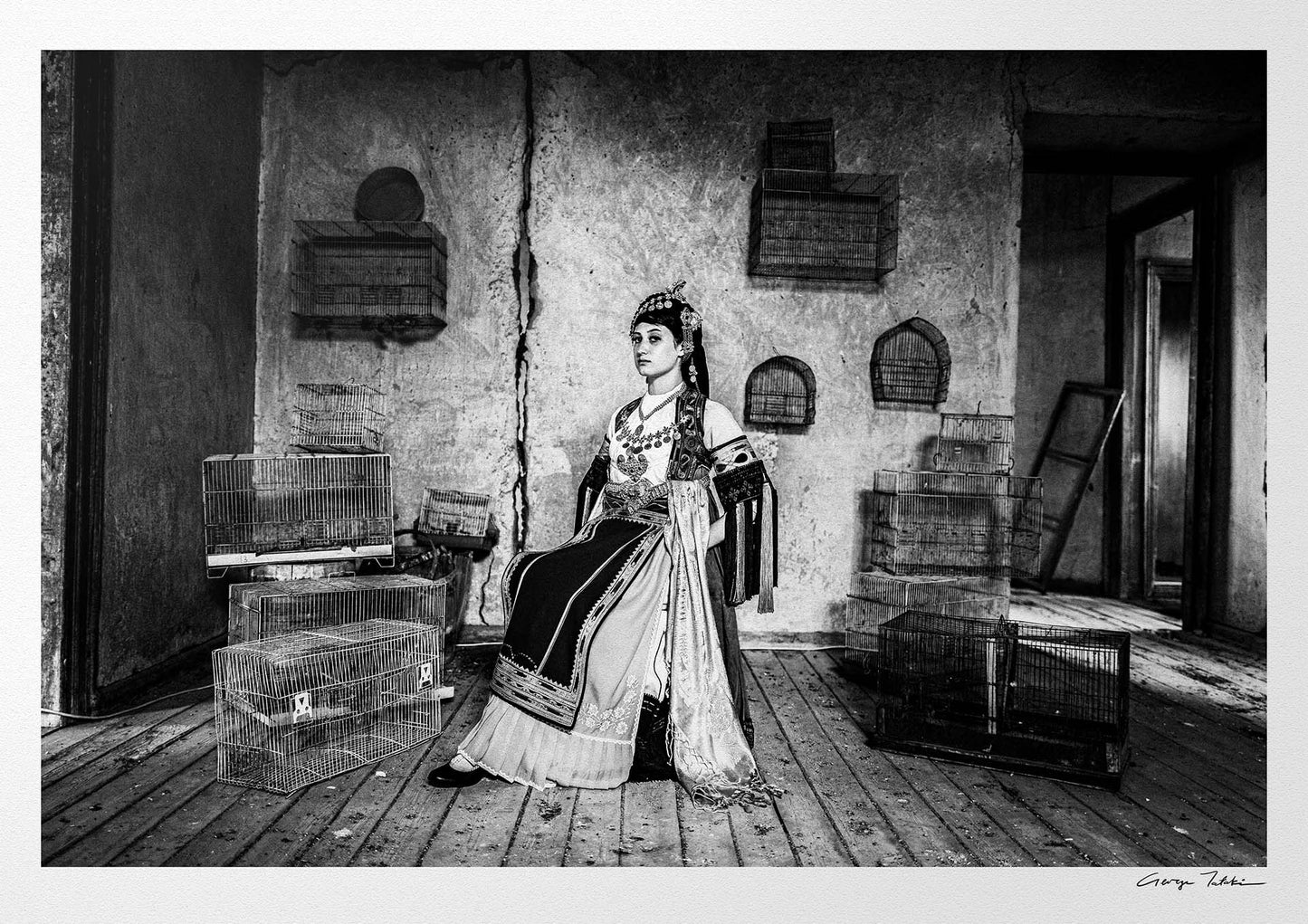 Black and White Photography Wall Art Greece | Girl with Karagouna dress cages in Glinos Trikala Thessaly by George Tatakis