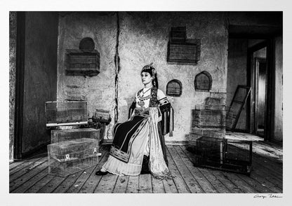 Black and White Photography Wall Art Greece | Girl with Karagouna dress cages in Glinos Trikala Thessaly by George Tatakis