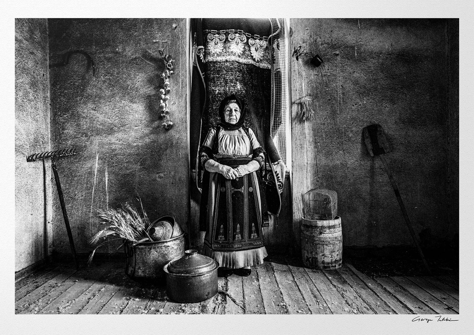 Black and White Photography Wall Art Greece | Old lady in Karagouna dress Glinos Trikala Thessaly by George Tatakis