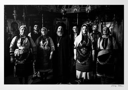 Black and White Photography Wall Art Greece | Costumes of Kladorachi with a local priest Florina W. Macedonia by George Tatakis