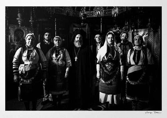 Black and White Photography Wall Art Greece | Costumes of Kladorachi with a local priest Florina W. Macedonia by George Tatakis