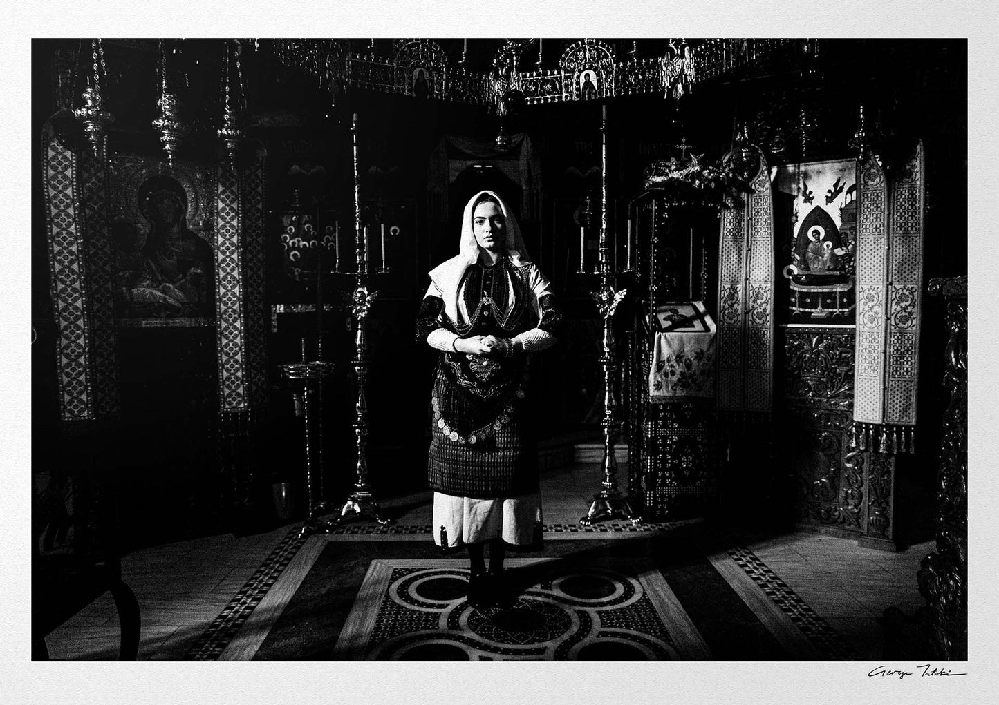 Black and White Photography Wall Art Greece | Costume of Kladorachi at a local church Florina W. Macedonia by George Tatakis