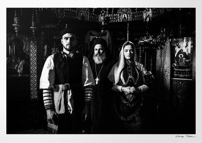 Black and White Photography Wall Art Greece | Costumes of Kladorachi with a local priest Florina W. Macedonia by George tatakis