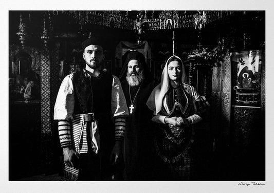 Black and White Photography Wall Art Greece | Costumes of Kladorachi with a local priest Florina W. Macedonia by George tatakis