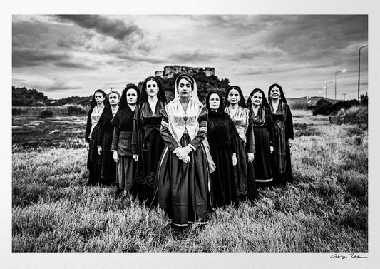 Black and White Photography Wall Art Greece | Costumes of Lefkada island at a castle multiple generations Ionian Sea by George Tatakis