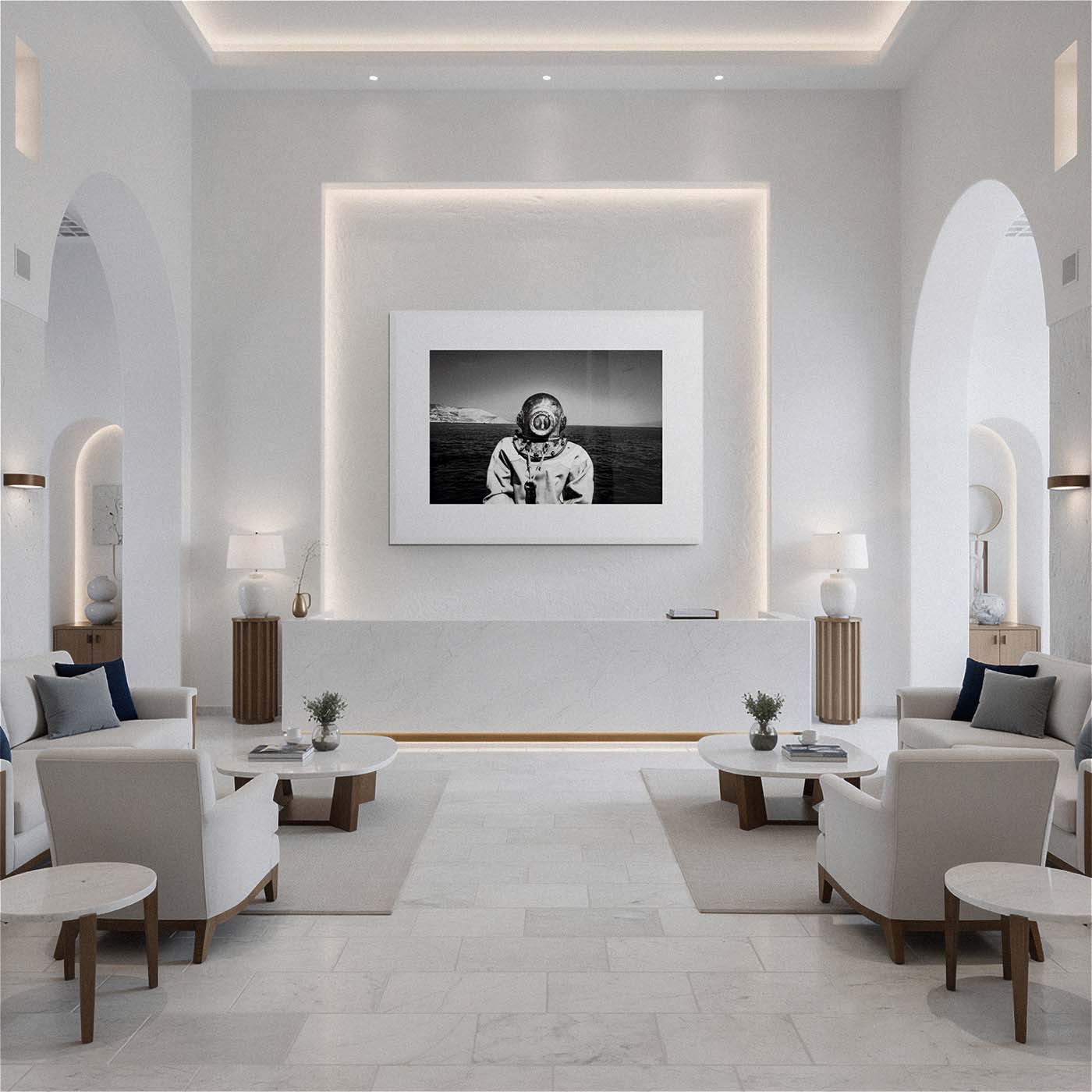 Modern living room with a large framed black and white photography print by George Tatakis.