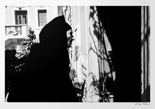 Black and White Photography Wall Art Greece | Woman entering the church Olympos Karpathos Dodecanese by George Tatakis