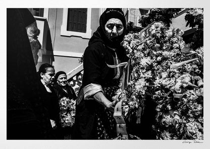 Black and White Photography Wall Art Greece | Woman preparing the Epitaph in her traditional costume Olympos Karpathos Dodecanese by George Tatakis