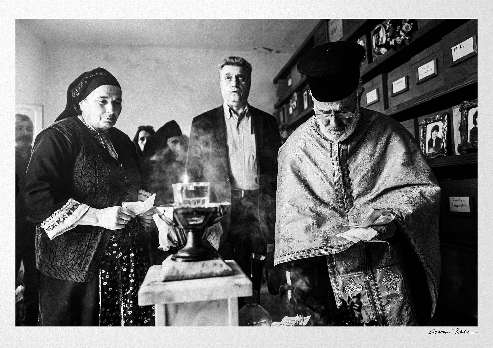 Black and White Photography Wall Art Greece | Blessing in the ossuary Olympos on Easter Tuesday Karpathos Dodecanese by George Tatakis