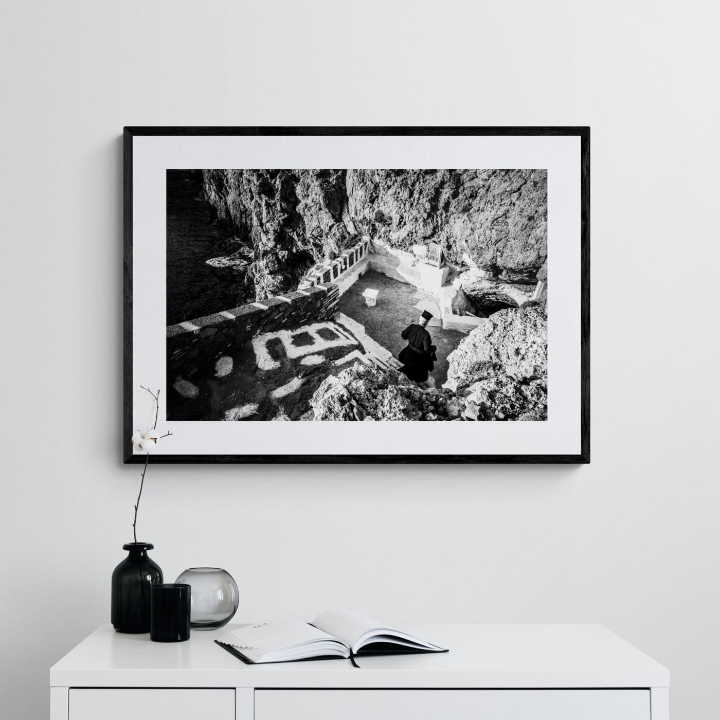 Black and White Photography Wall Art Greece | Priest descending to the St. John church in Vrykounta Olympos Karpathos Dodecanese by George Tatakis - single framed photo