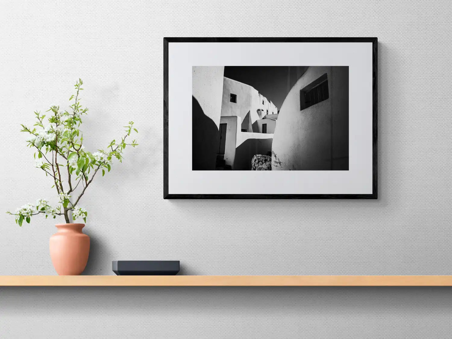 Forms at Emporio | Santorini | Black & White Art Wall - single print above shelf