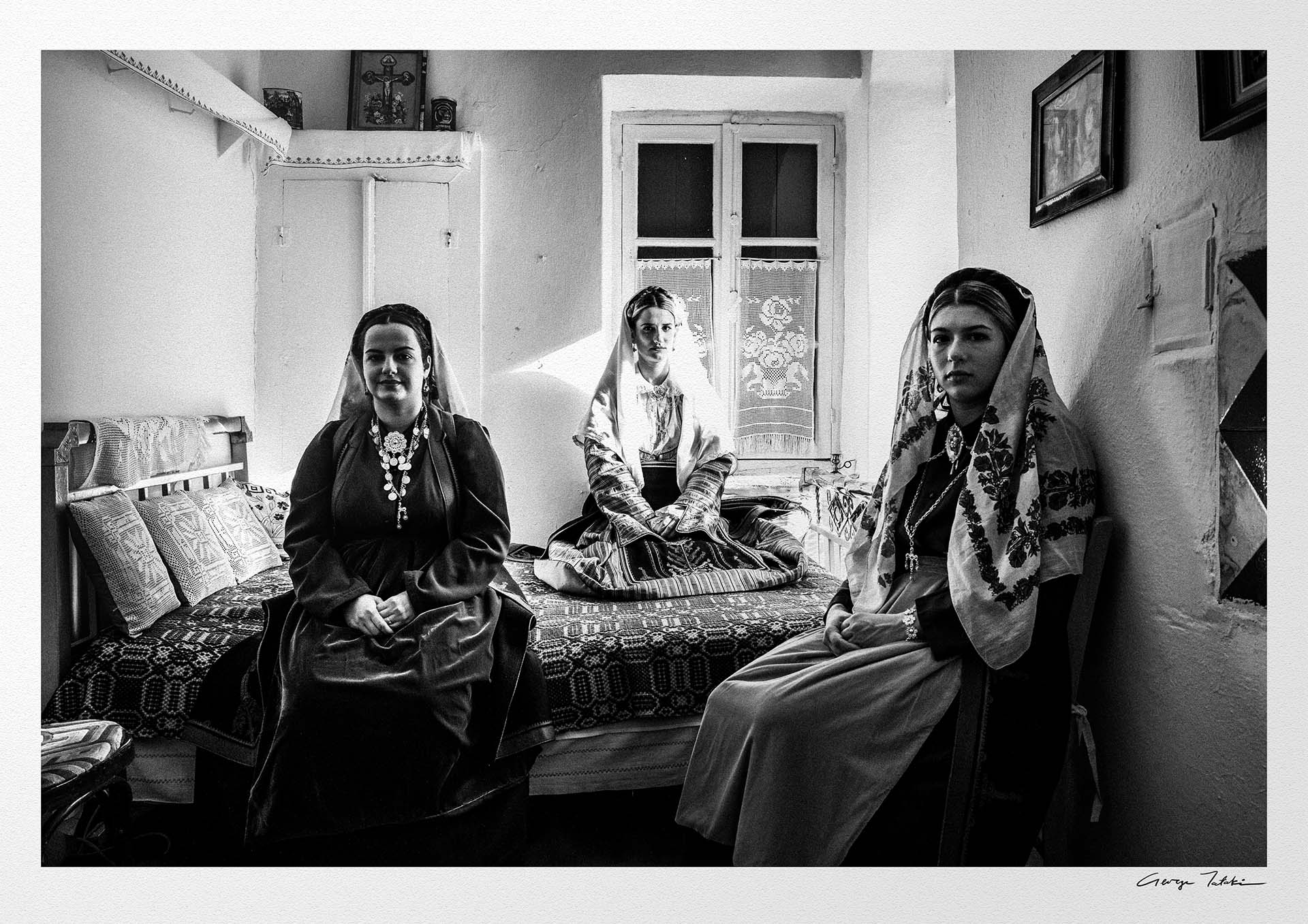 Black and White Photography Wall Art Greece | Costumes of Platanos in a traditional local bedroom Nafpaktos Aetoloacarnanea Greece by George Tatakis