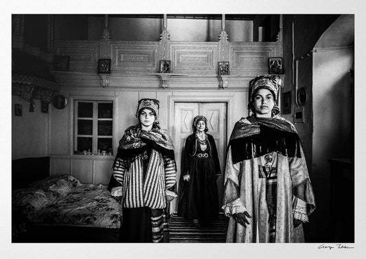 Black and White Photography Wall Art Greece | Three ladies in the traditional costumes of Symi island inside a house Dodecanese Greece