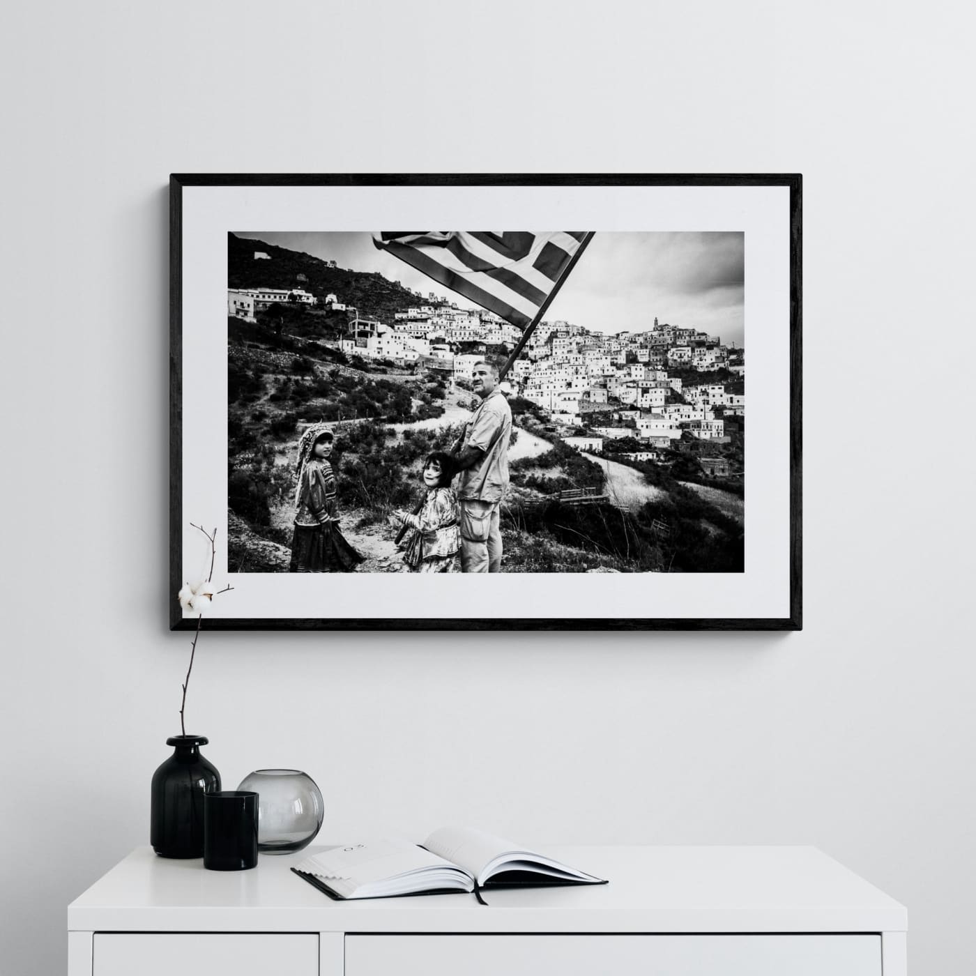 Black and White Photography Wall Art Greece | Carrying the Greek flag in Olympos Karpathos Dodecanese by George Tatakis - single framed photo