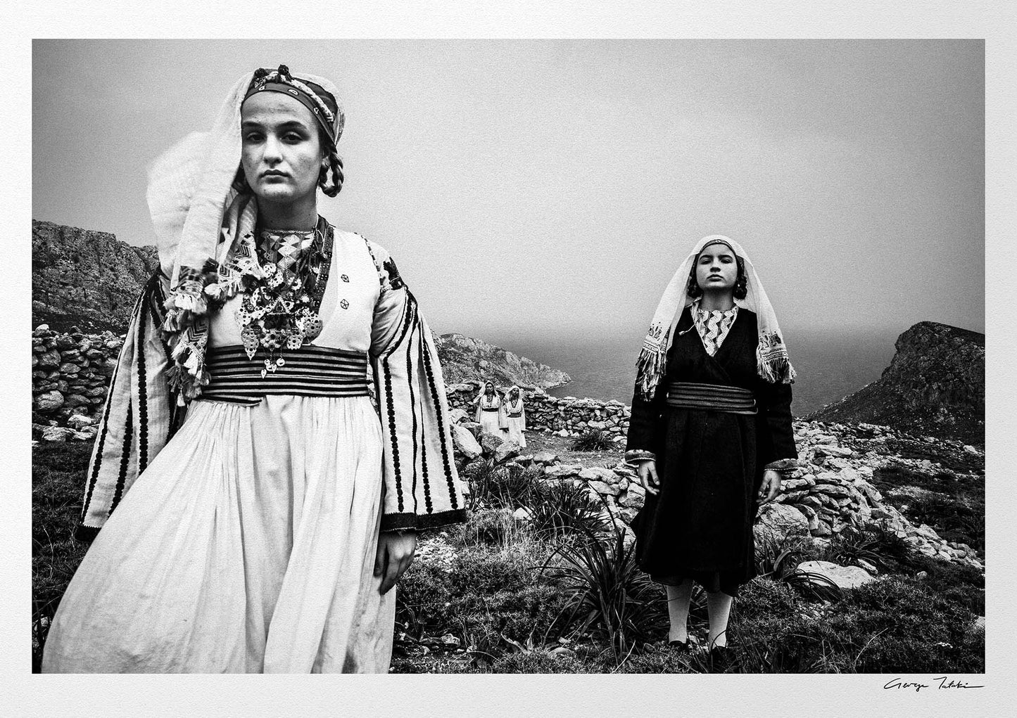 Black and White Photography Wall Art Greece | Costumes of Tilos island at a windy cliff Dodecanese Greece by George Tatakis