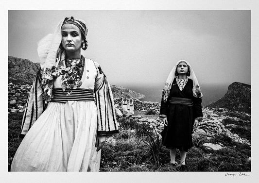 Black and White Photography Wall Art Greece | Costumes of Tilos island at a windy cliff Dodecanese Greece by George Tatakis