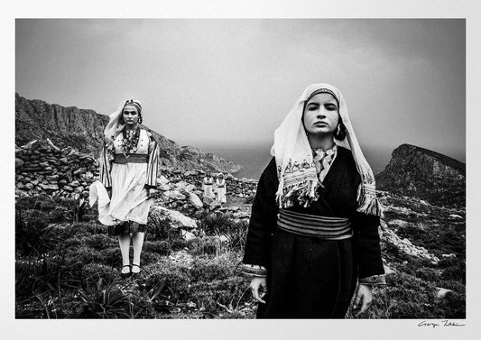 Black and White Photography Wall Art Greece | Costumes of Tilos island at a windy cliff Dodecanese Greece by George Tatakis