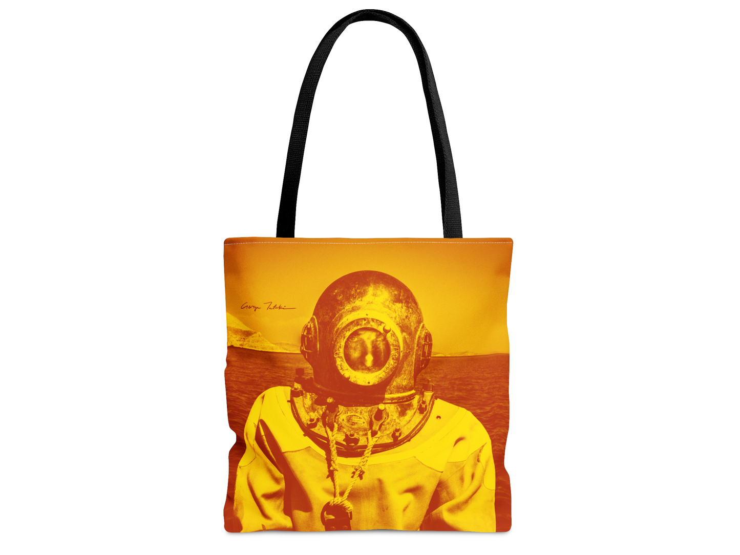 Kalymnos Sponge Diver Tote Bag - Vibrant Yellow-Orange Gradient Print - front