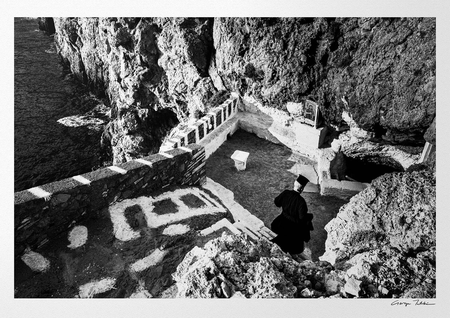 Black and White Photography Wall Art Greece | Priest descending to the St. John church in Vrykounta Olympos Karpathos Dodecanese by George Tatakis
