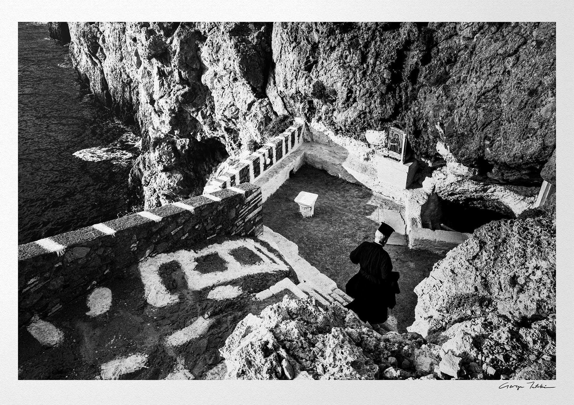 Black and White Photography Wall Art Greece | Priest descending to the St. John church in Vrykounta Olympos Karpathos Dodecanese by George Tatakis