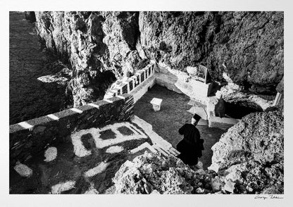 Black and White Photography Wall Art Greece | Priest descending to the St. John church in Vrykounta Olympos Karpathos Dodecanese by George Tatakis